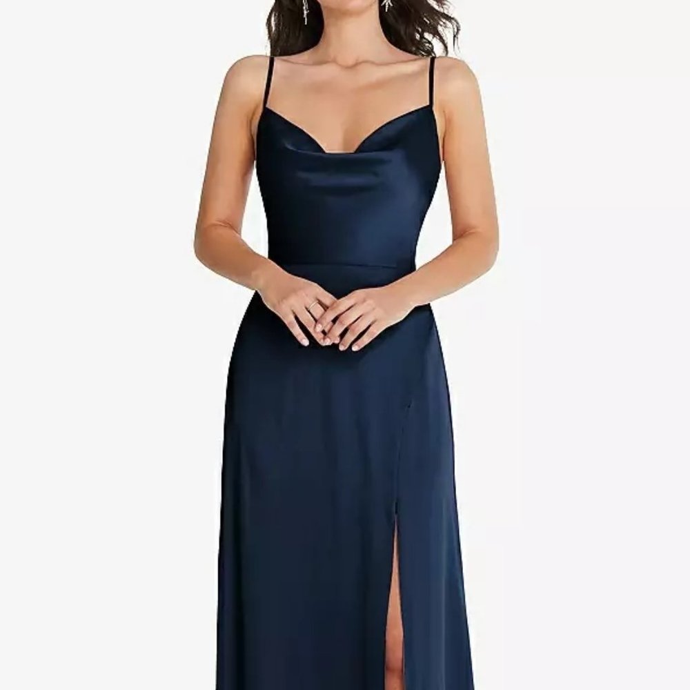 Dessy TH098..Cowl-Neck A-Line Maxi Dress with Adjustable Straps..Midnight.Sz XS